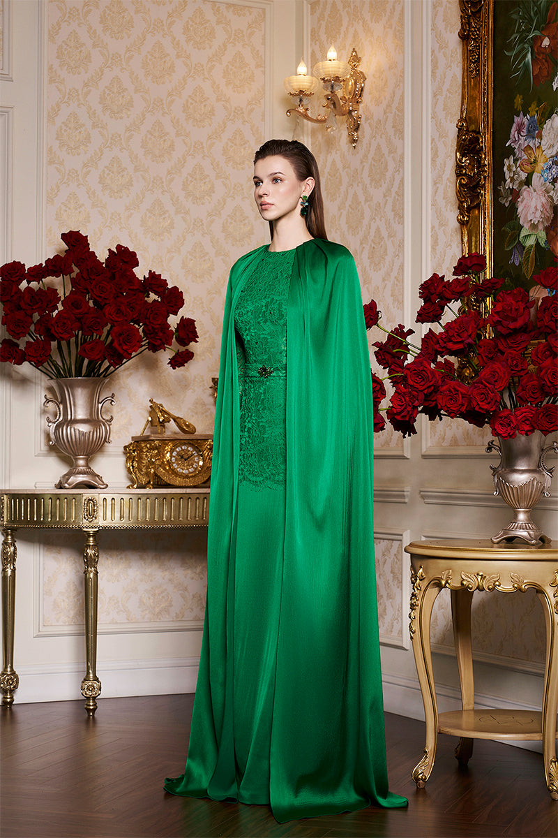 GREEN SILK AND LACE GOWN WITH PLEATED NECKLINE CAPE - CULT MIA