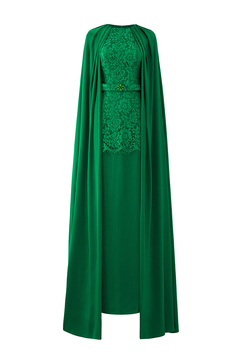 GREEN SILK AND LACE GOWN WITH PLEATED NECKLINE CAPE - CULT MIA