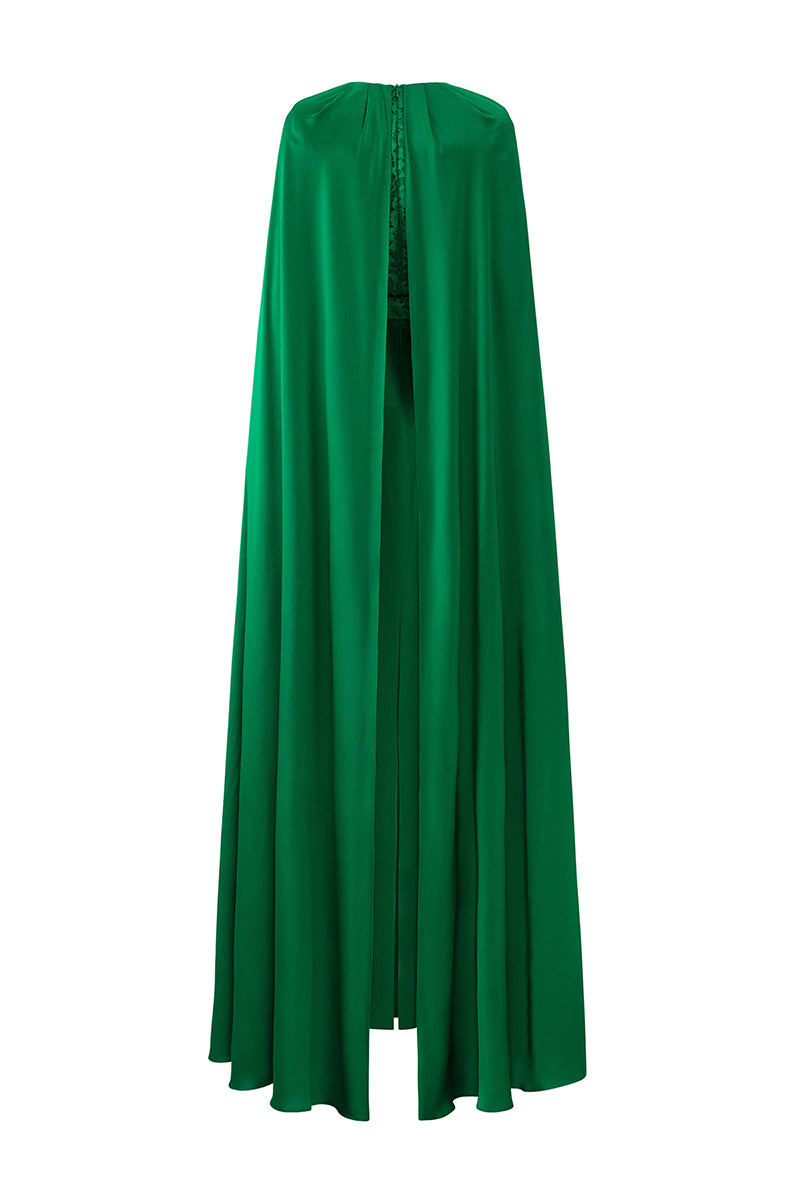 GREEN SILK AND LACE GOWN WITH PLEATED NECKLINE CAPE - CULT MIA