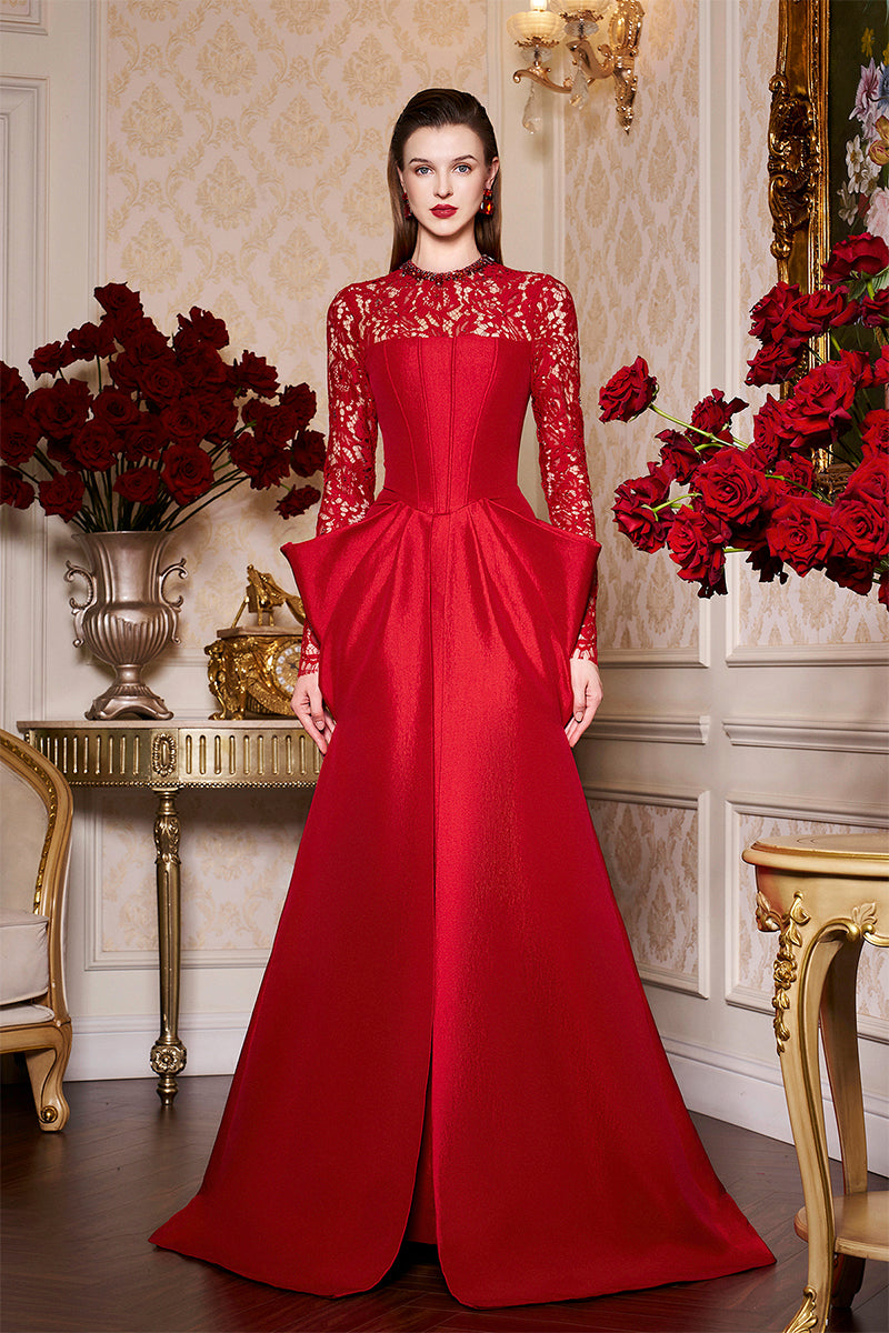 RED LONG SLEEVES WITH DRAPED WAIST GOWN - CULT MIA