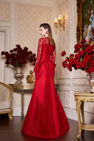 I.H.F red long sleeve gown with draped waist, elegant formal dress perfect for special occasions.