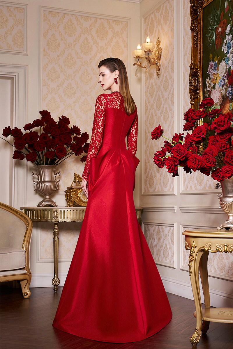 I.H.F red long sleeve gown with draped waist, elegant formal dress perfect for special occasions.