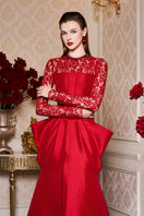 I.H.F red long sleeve gown with draped waist, elegant design, flowing fabric, perfect for formal occasions.