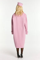 Nana Jacqueline Audrina pink coat displayed on a hanger, showcasing its stylish design and soft fabric.