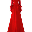Red long sleeve gown with draped waist from I.H.F, elegant evening dress with flowing fabric and stylish silhouette.