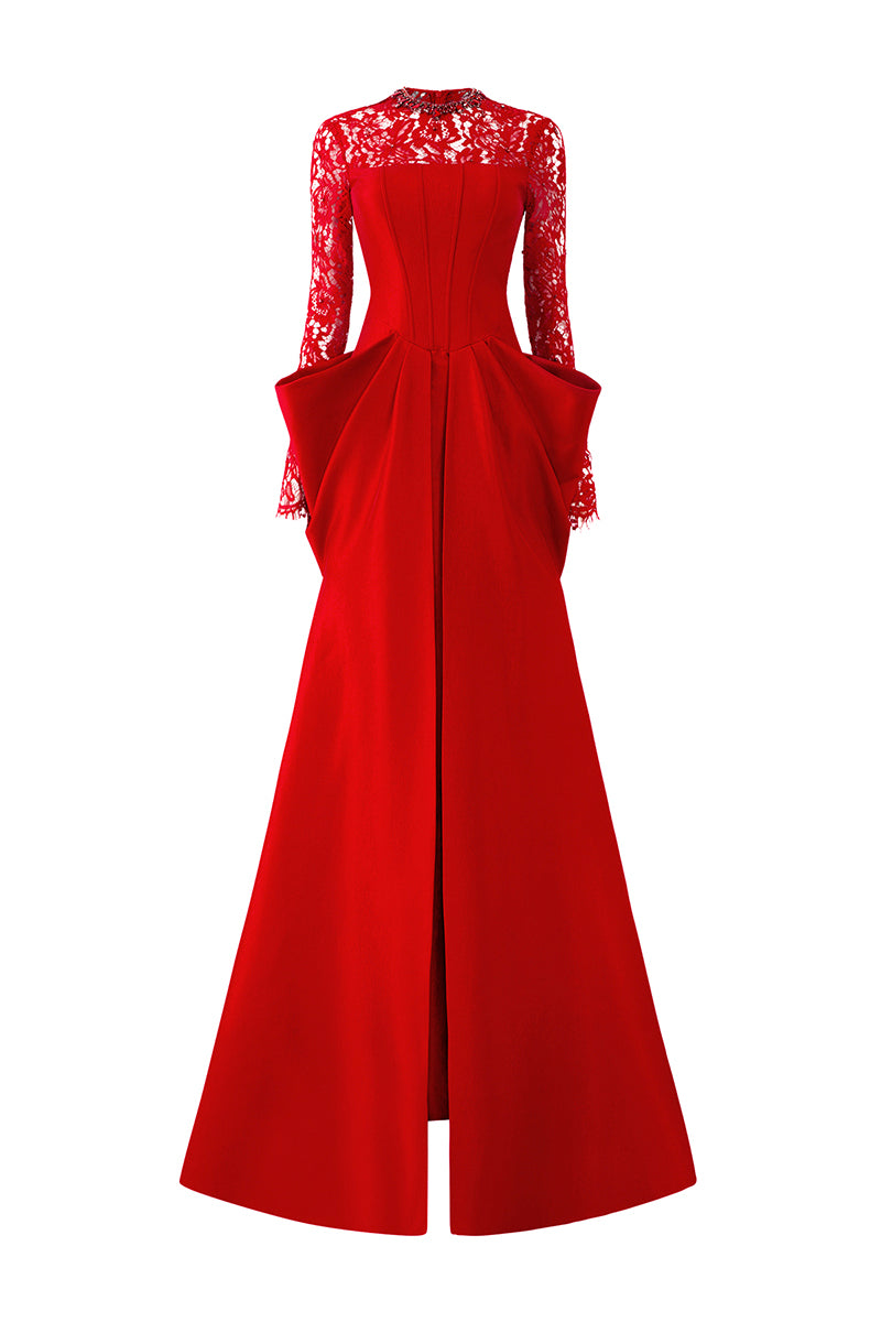 RED LONG SLEEVES WITH DRAPED WAIST GOWN - CULT MIA