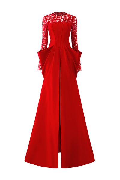 mini long sleeve red dress Astonish | Red Long-Sleeve Embellished Square-Neck Mini Dress With Volume Skirt main image 0