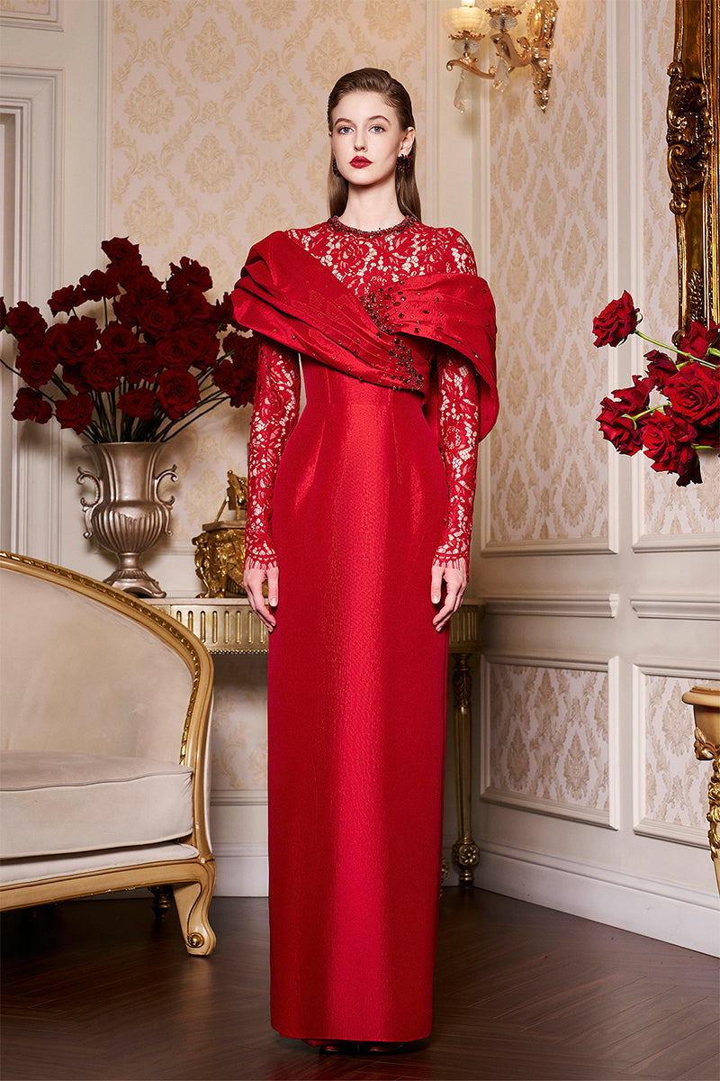 RED DRAPED SHOULDER TAFFETA GOWN WITH LONG LACE SLEEVES - CULT MIA