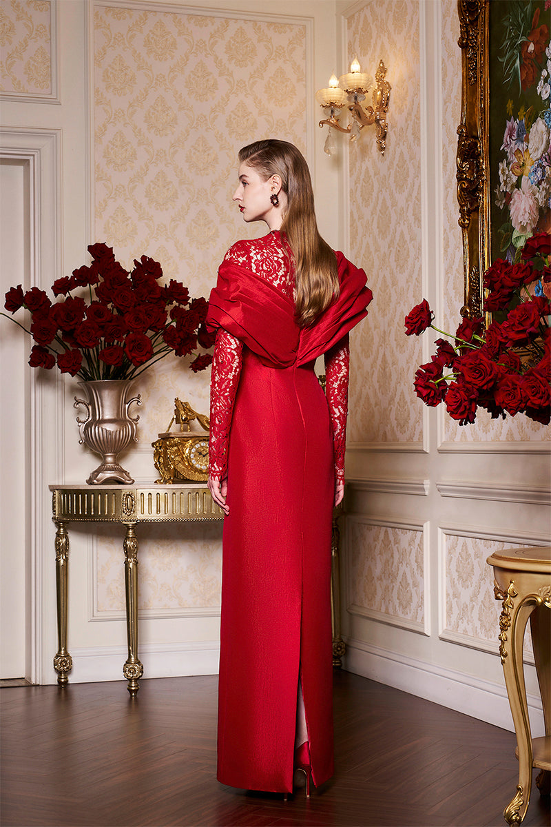 RED DRAPED SHOULDER TAFFETA GOWN WITH LONG LACE SLEEVES | CULT MIA