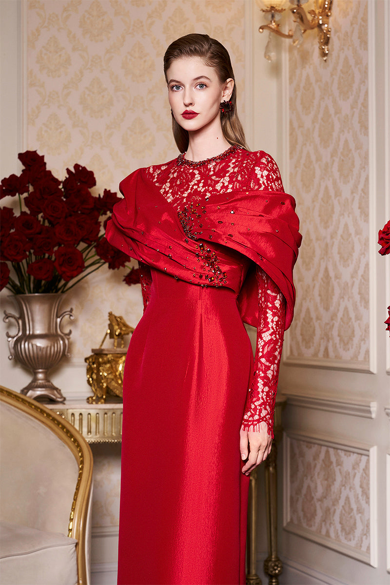 RED DRAPED SHOULDER TAFFETA GOWN WITH LONG LACE SLEEVES - CULT MIA