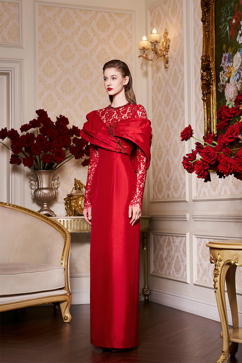 RED DRAPED SHOULDER TAFFETA GOWN WITH LONG LACE SLEEVES - CULT MIA
