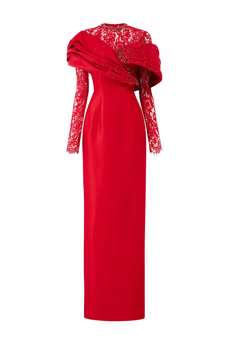 RED DRAPED SHOULDER TAFFETA GOWN WITH LONG LACE SLEEVES | CULT MIA