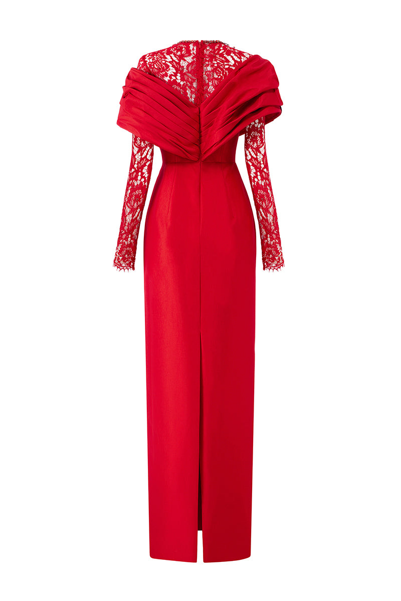 RED DRAPED SHOULDER TAFFETA GOWN WITH LONG LACE SLEEVES - CULT MIA