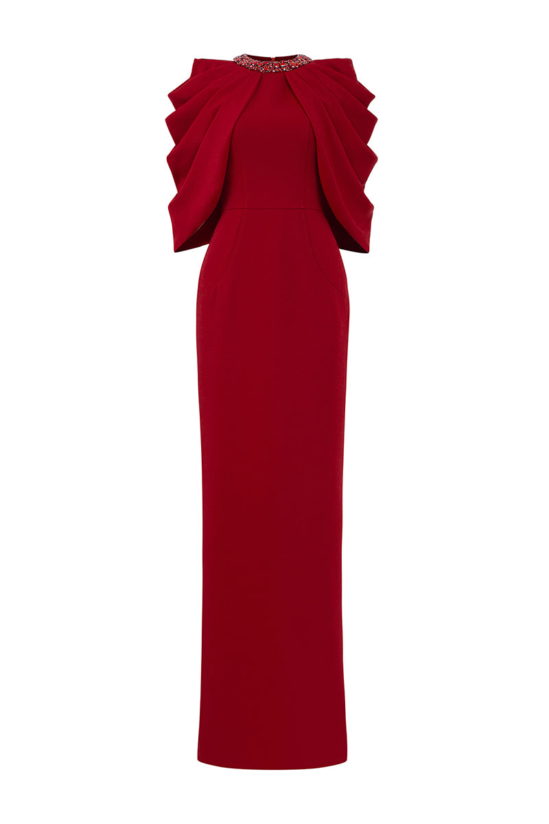 I.H.F round neckline column gown with draped cape, elegant formal dress featuring flowing fabric and sophisticated design.