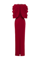 Elegant I.H.F round neckline column gown with draped cape, showcased in a sleek, formal evening wear style.