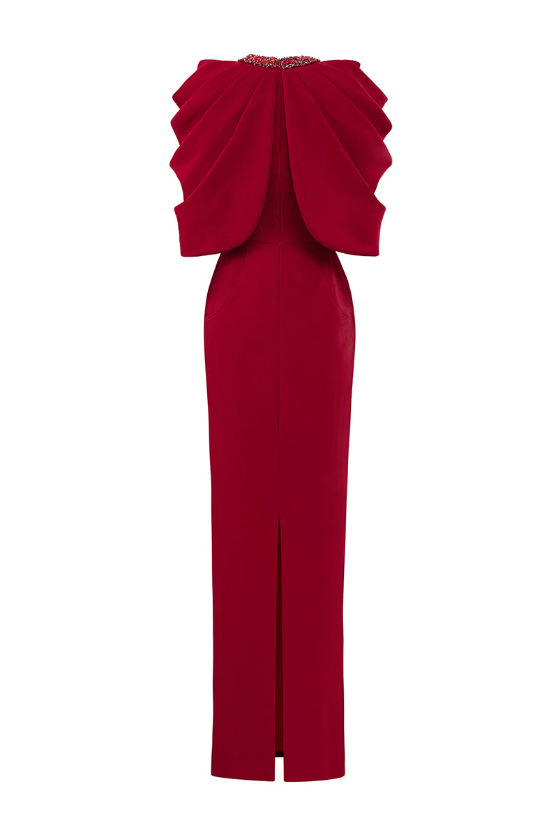 Elegant I.H.F round neckline column gown with draped cape, showcased in a sleek, formal evening wear style.