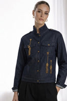 Nadya Shah Zahara denim jacket in indigo with classic collar and button closure, displayed on a hanger.