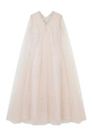 Shatha Essa pearl-embellished drape detail cape gown showcasing elegant design and intricate embellishments.