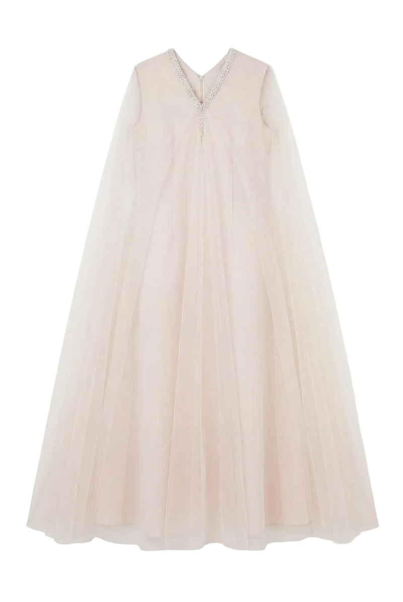 Shatha Essa pearl-embellished drape detail cape gown showcasing elegant design and intricate embellishments.