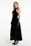 Nana Jacqueline Maxine velvet gown in deep jewel tone with elegant draping and long sleeves, perfect for formal occasions.