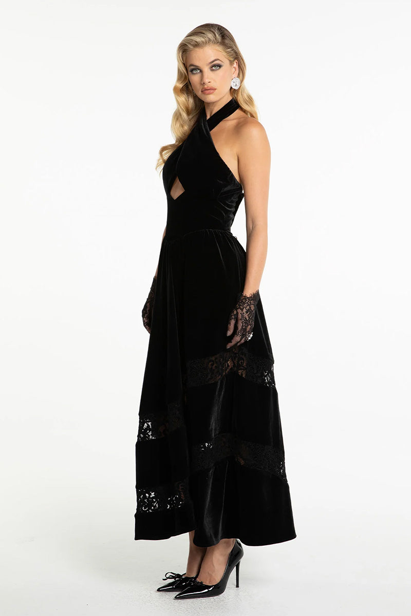 Nana Jacqueline Maxine velvet gown in deep jewel tone with elegant draping and long sleeves, perfect for formal occasions.