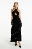 Nana Jacqueline Maxine velvet gown with long sleeves and elegant design, showcased in a luxurious fabric and sophisticated style.