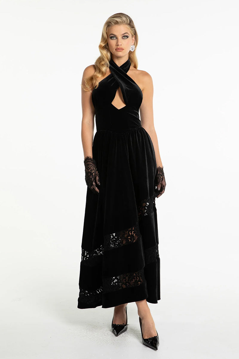 Nana Jacqueline Maxine velvet gown with long sleeves and elegant design, showcased in a luxurious fabric and sophisticated style.