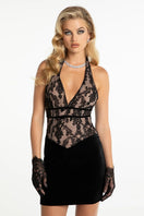 Nana Jacqueline Christi velvet mini dress with long sleeves and a fitted silhouette, shown in deep velvet fabric.