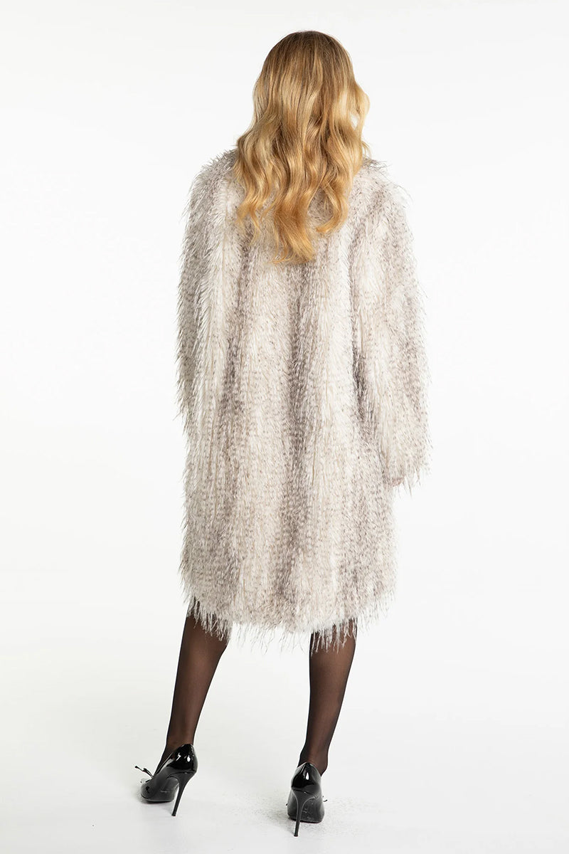 Nana Jacqueline Sofia fur pattern coat featuring a stylish design and cozy fit, displayed on a hanger against a neutral background.