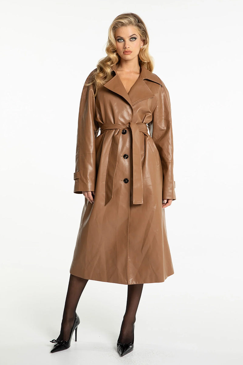 Nana Jacqueline Marlee coat in neutral fabric, shown front view with collar and long sleeves, stylish winter coat for women.