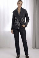Nadya Shah Delphi denim blazer in deep indigo denim, tailored jacket with classic lapel and button closure, front pockets.