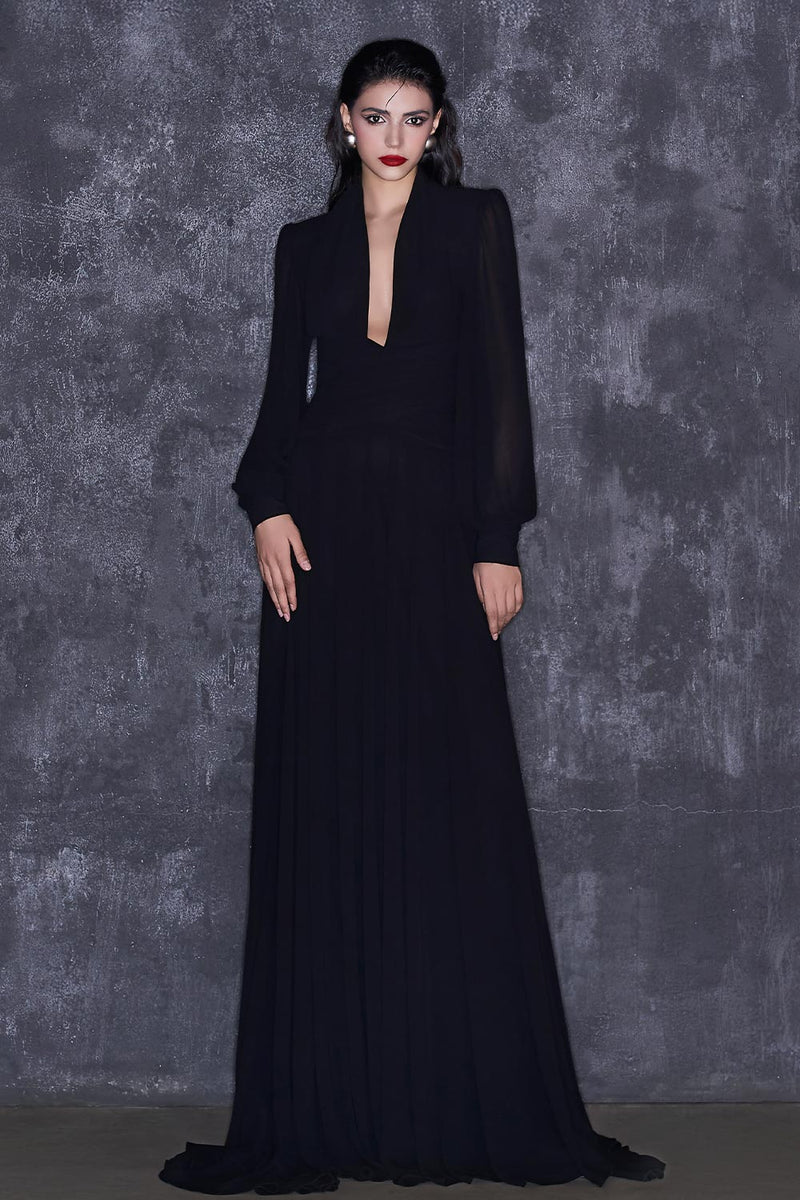 PUFFED SLEEVES CORSET CHIFFON MAXI BLACK GOWN - CULT MIA