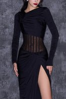 Elegant black slit corset waist gown by CEM, featuring a fitted bodice and flowing skirt for formal occasions.