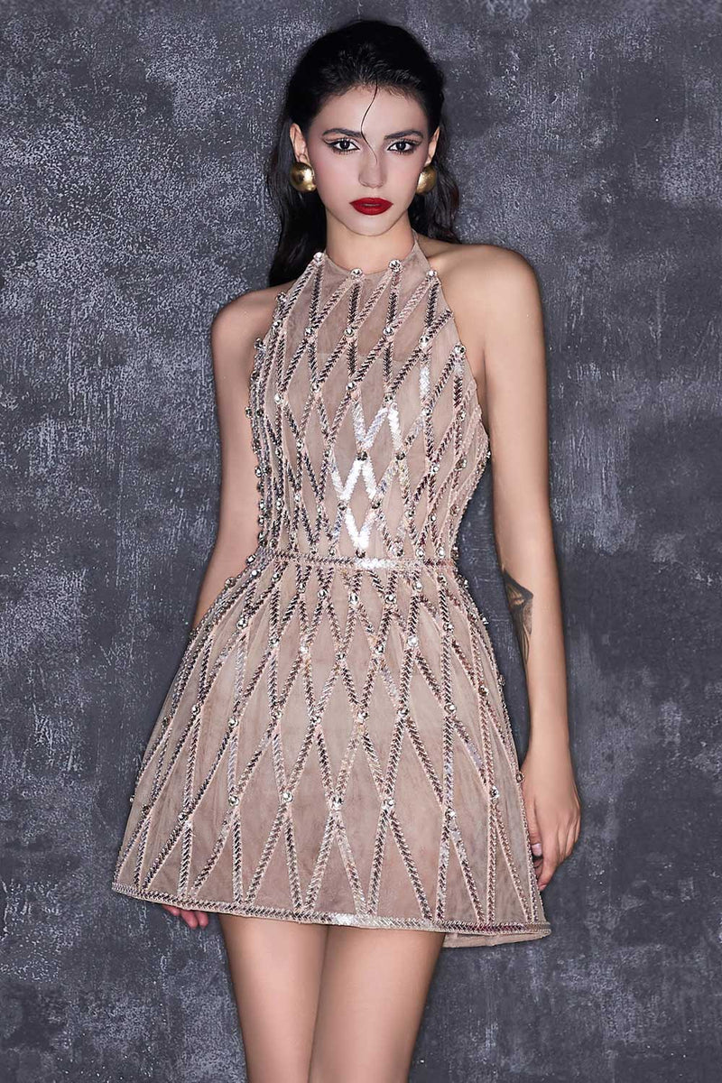 CREAM SHEER EMBELLISHMENT HALTER NECK MESH MINI DRESS - CULT MIA