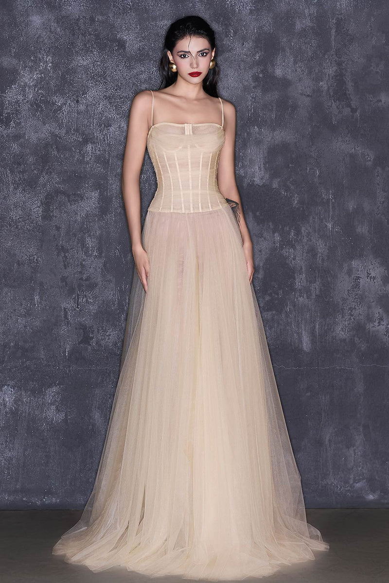 NUDE SHEER CORSET STRAP MESH FLOOR LENGTH GOWN - CULT MIA