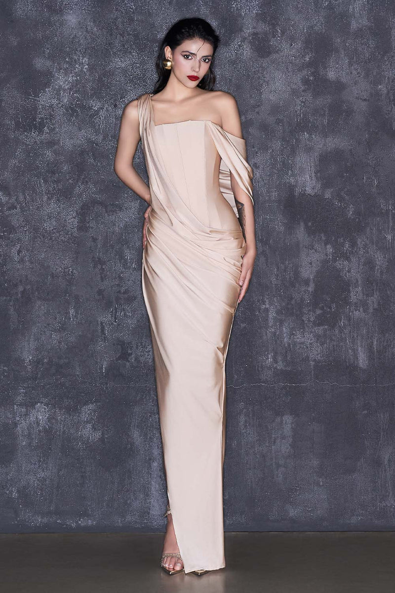 CREAM ASYMMETRIC SLEEVED  FLOOR LENGTH GOWN - CULT MIA