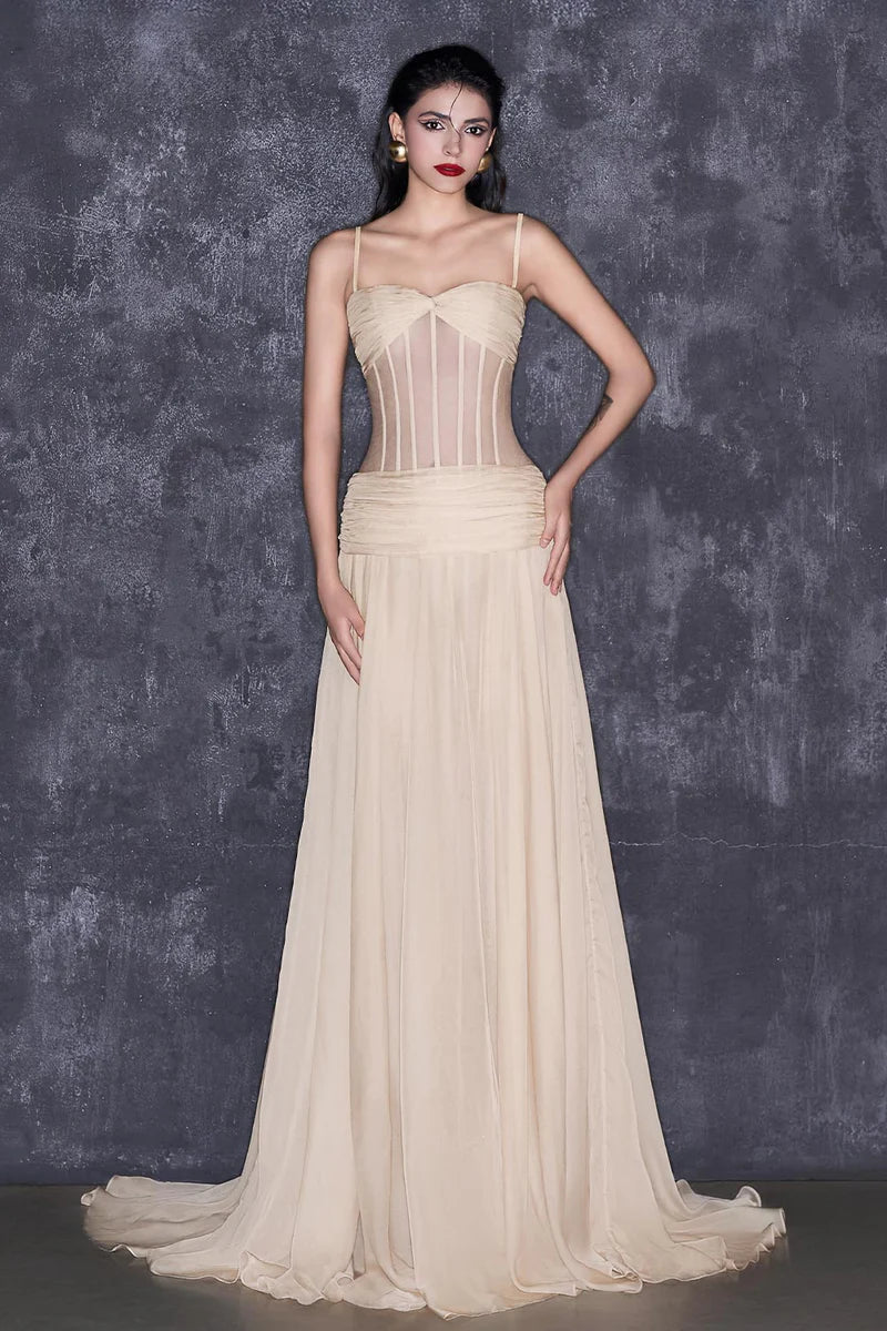 NUDE CORSET CHIFFON EXTRA LONG GOWN - CULT MIA