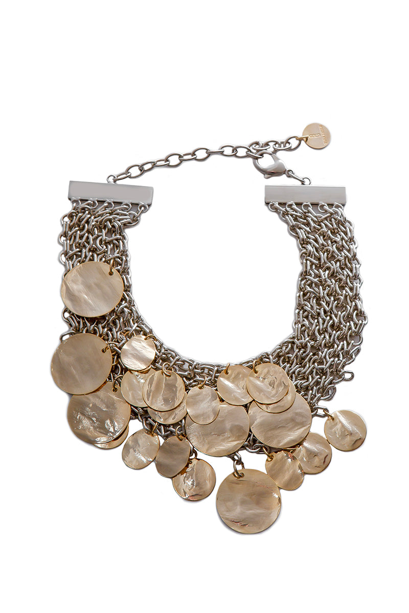 Silver and gold necklace featuring the Candelaria design by Silvia Gnecchi, with intricate details and elegant craftsmanship.