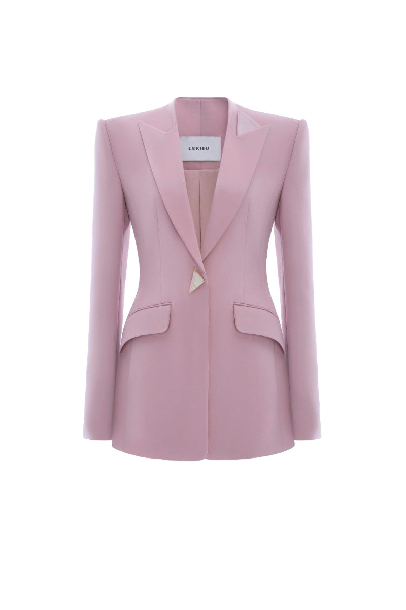 Pink Wiesbaden jacket by Lekieu displayed on a hanger with a front view showing its stylish design and vibrant color.
