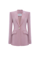 Pink Wiesbaden jacket by Lekieu displayed on a hanger with a front view showing its stylish design and vibrant color.