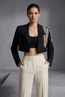 Nadya Shah Ash Fern bolero jacket in midnight black with long sleeves and open front, perfect for stylish layering.
