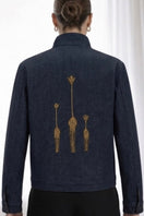 Nadya Shah Zahara denim jacket in indigo color, casual style with classic collar and button front, displayed on a hanger.