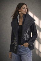Nadya Shah Delphi denim blazer in deep indigo denim, stylish jacket with classic fit and button closure, front pockets.