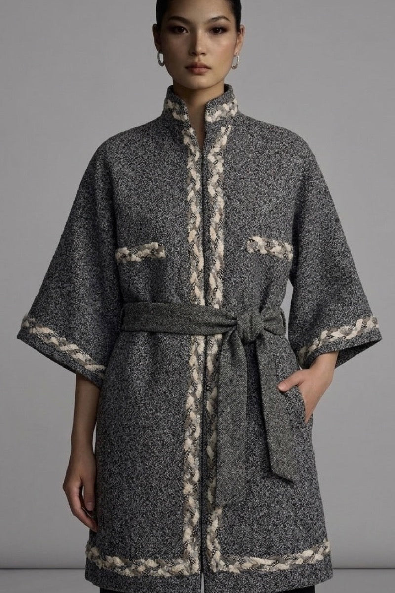 ANYA BELTED JACKET IN GRAY BOUCLE