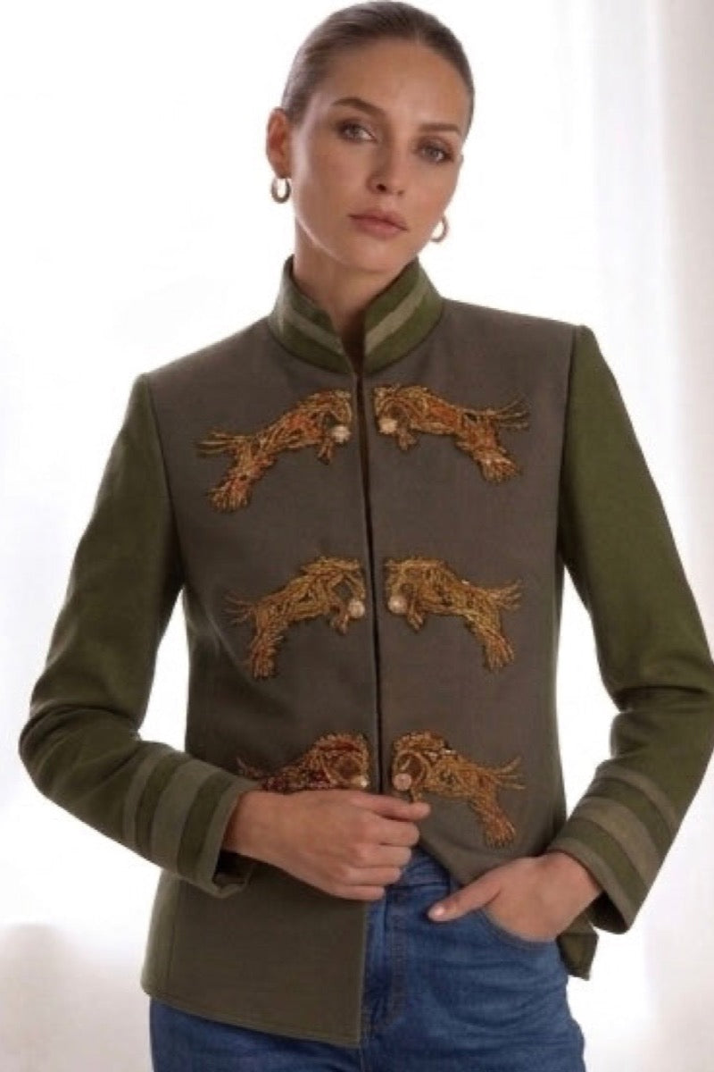 OLIVE HUSSAR JACKET IN OLIVE AND KHAKI