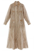 Embroidered Shatha Essa maxi shirt dress with detailed stitching, long sleeves, and a relaxed fit, displayed on a hanger.
