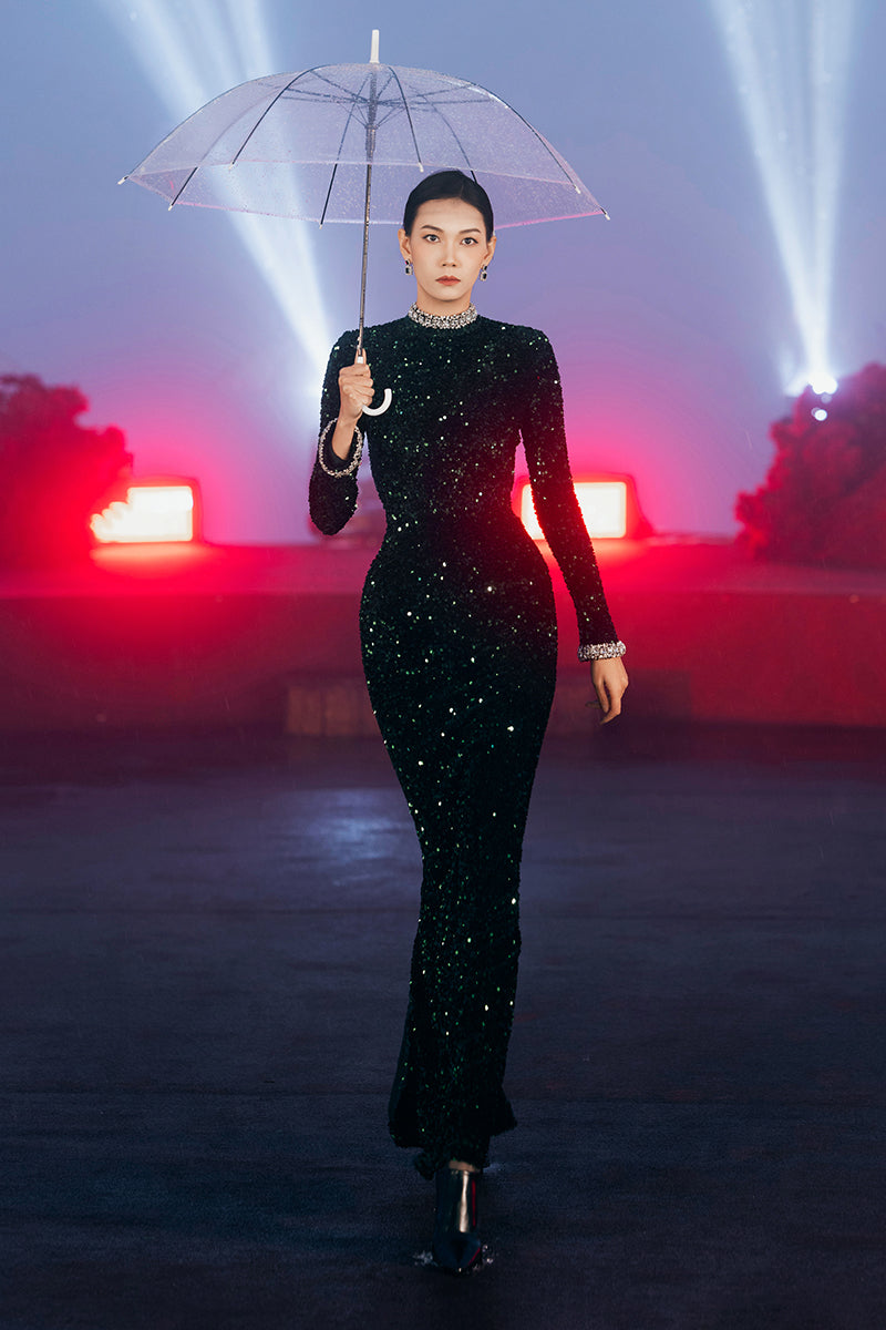 Valenciani green sequin bodycon maxi dress, elegant gown with shimmering sequins, fitted silhouette, and flowing length.