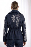 Nadya Shah Delphi denim blazer in deep indigo denim, tailored jacket with classic collar and button closure.