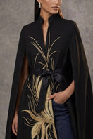 Nadya Shah Cape Solaris in Noir, stylish black jacket with sleek design, lightweight fabric, and modern silhouette.