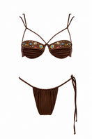 Maliluha Mambo bikini set in brown, featuring a stylish two-piece design with adjustable straps and minimal coverage.